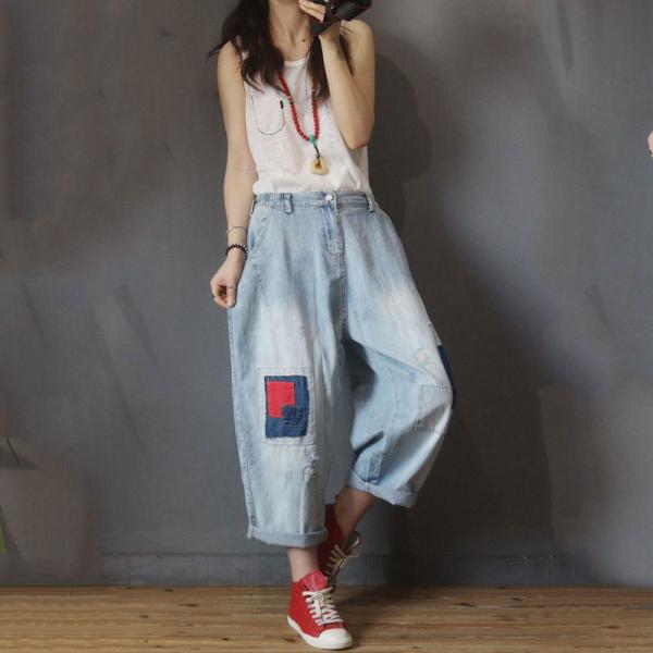Street Style Red Patchwork Dad Jeans Empire Waist Baggy Jeans