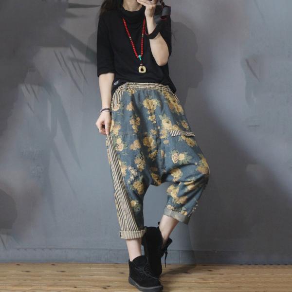 Stripes and Floral Harem Pants Korean Cotton Genie Pants