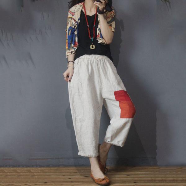 Color Block Wide Leg Trousers Cotton Linen Vintage Comfy Pants