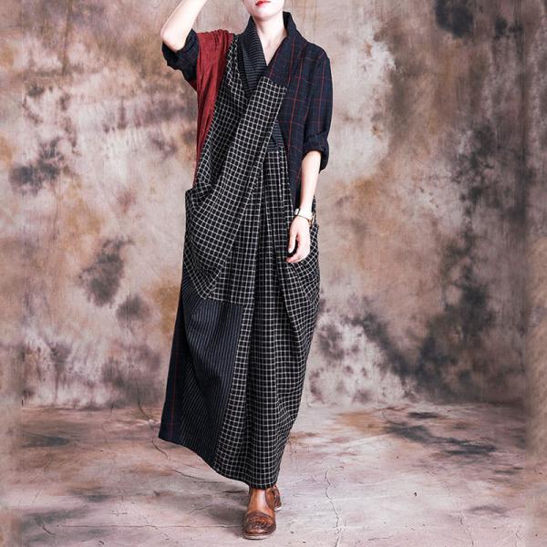 Multi-Colored Designer Plaids Maxi Dress Back Slits Linen Wrap Dress
