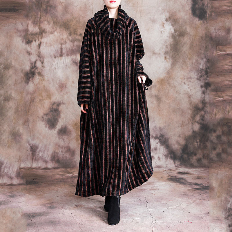 Vertical Striped Turtleneck Dress Plus Size Thigh Slits Dress in Coffee ...