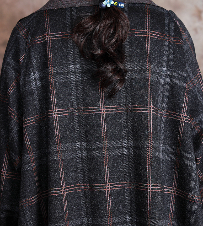 Tailored Collar Long Duster Coat Vintage Checkered Winter Coat in Black ...