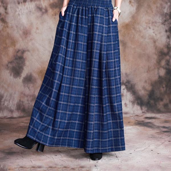 Elastic Waist Wool Plaids Pants Womans Wide Leg Pants