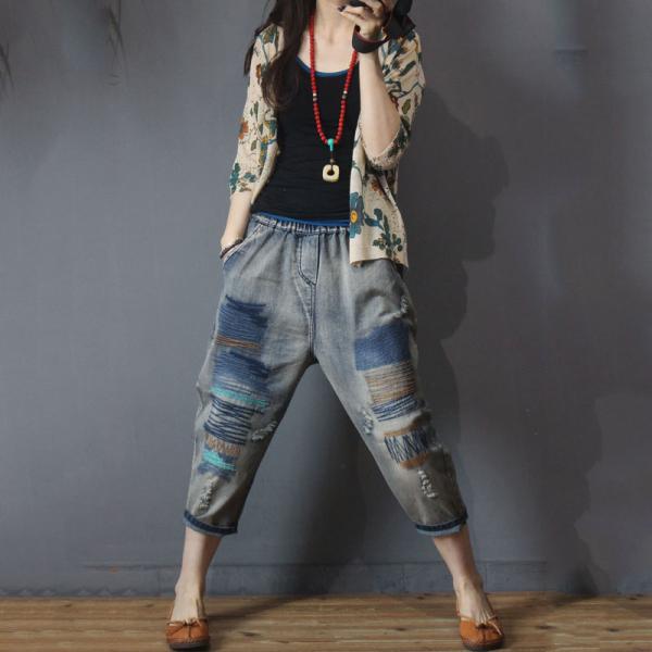 Linear Embroidery Korean Ripped Jeans Baggy Jeans In 90s