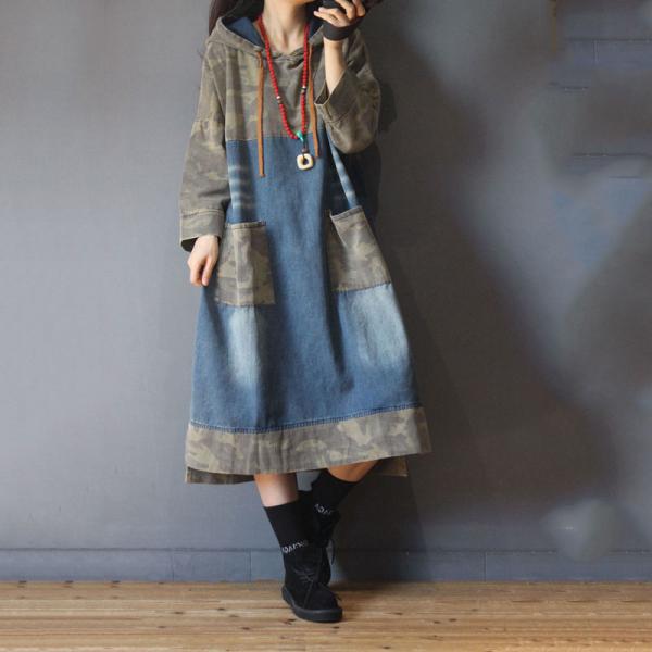 Vintage Style Camouflage Hooded Dress Plus Size Denim Korean Dress