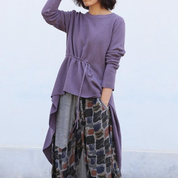 Casual Style Tied Purple Sweater Asymmetrical Knitted Pullover Sweater