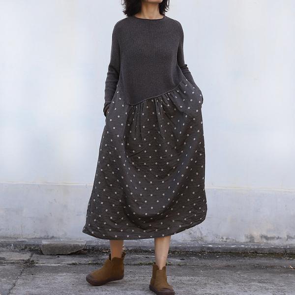 Fall Fashion Gray Dress Knitted Polka Dot Dress