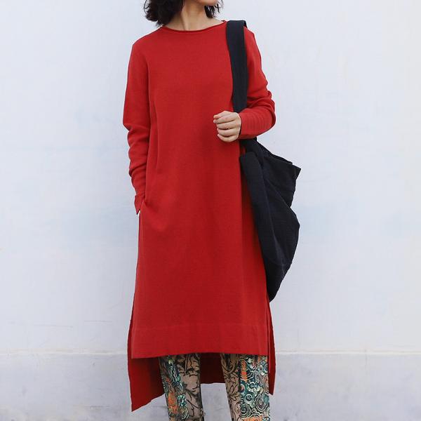 Asymmetrical Side Slits Casual Dress Long Sleeve Plain Knitwear