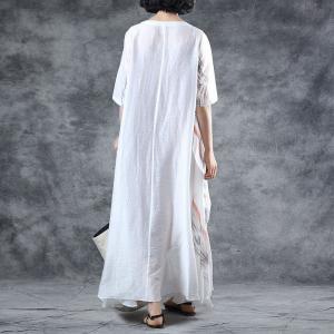 Half Sleeve Vintage Printed White Dress Loose Beach Dress