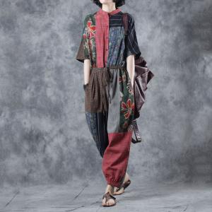 Folk Style Printed Linen Jumpsuits Vintage Loose Drawstring Jumpsuits