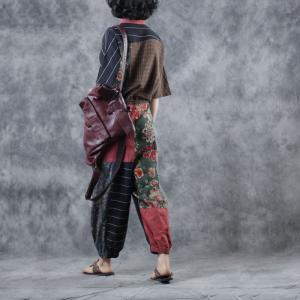 Folk Style Printed Linen Jumpsuits Vintage Loose Drawstring Jumpsuits