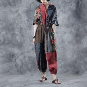 Folk Style Printed Linen Jumpsuits Vintage Loose Drawstring Jumpsuits