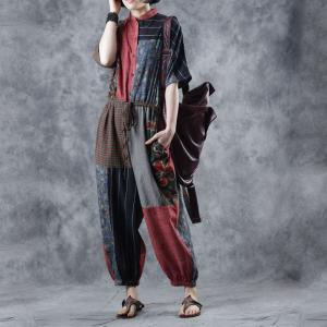 Folk Style Printed Linen Jumpsuits Vintage Loose Drawstring Jumpsuits