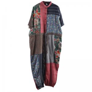 Folk Style Printed Linen Jumpsuits Vintage Loose Drawstring Jumpsuits