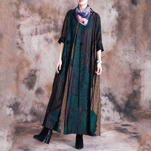 Vintage Printed Chinese Dress Long Sleeve Large Size Shift Dress