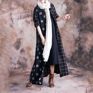 Long Sleeve Gingham Outerwear Cotton Linen Black Long Shirt Dress