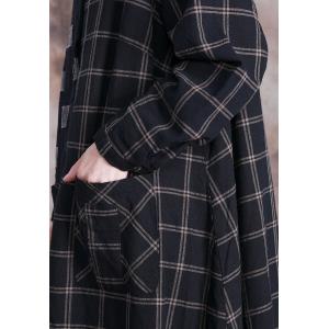 Long Sleeve Gingham Outerwear Cotton Linen Black Long Shirt Dress