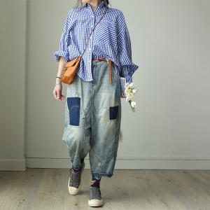 Street Style Blue Patchwork Baggy Jeans Womans Denim Harem Pants