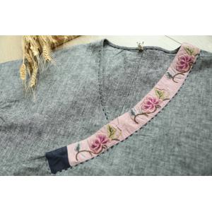 V-Neck Belted Linen Blouse Pink Floral Patchwork Gray Designer Blouse