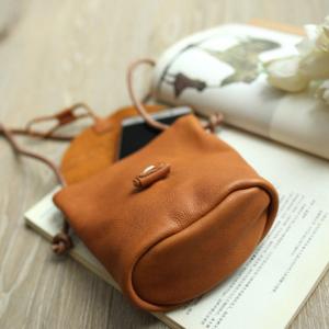 Solid Color Genuine Leather Shoulder Bag Vintage Cellphone Pouch