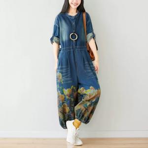 Long Sleeve Printed Denim Jumpsuits Korean Drawstring Plus Size One Piece