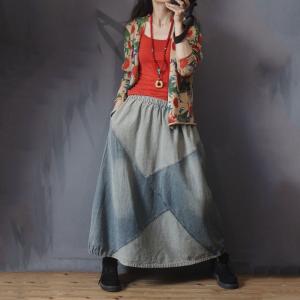 Blue Patchwork Denim Maxi Skirt Elastic Waist Korean Jean Skirt