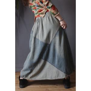 Blue Patchwork Denim Maxi Skirt Elastic Waist Korean Jean Skirt