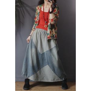 Blue Patchwork Denim Maxi Skirt Elastic Waist Korean Jean Skirt