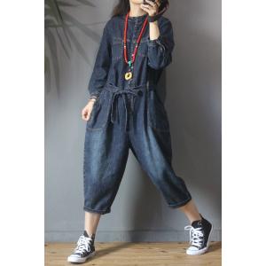 Long Sleeve Tied Denim Jumpsuits Stand Collar Baggy Work Wear
