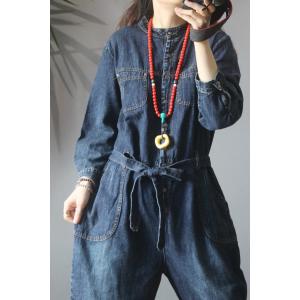 Long Sleeve Tied Denim Jumpsuits Stand Collar Baggy Work Wear