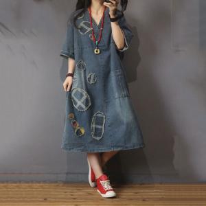Korean Style Patchwork Denim Dress Color Fading Vintage Jean Dress