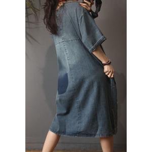 Korean Style Patchwork Denim Dress Color Fading Vintage Jean Dress