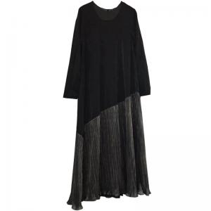 Contrasting Color Glittering Dress Long Sleeve Pleated Dress