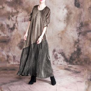 Contrasting Color Glittering Dress Long Sleeve Pleated Dress