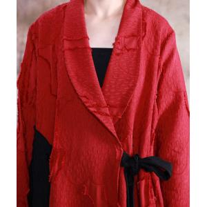 Patchwork Fringed Maxi Jacket Tailored Collar Tied Kimono Coat
