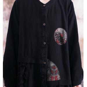 Folk Style Patchwork Black Shirt Dress Loose Linen Tassel Dress