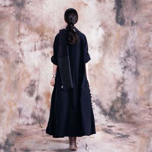 Folk Style Patchwork Black Shirt Dress Loose Linen Tassel Dress