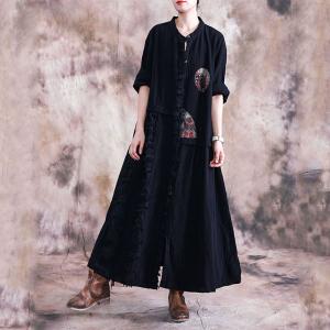 Folk Style Patchwork Black Shirt Dress Loose Linen Tassel Dress