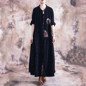 Folk Style Patchwork Black Shirt Dress Loose Linen Tassel Dress