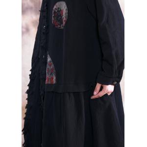 Folk Style Patchwork Black Shirt Dress Loose Linen Tassel Dress