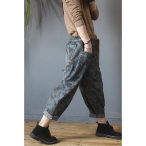 Blue Camouflage Pants Straight Pockets Womans Baggy Jeans