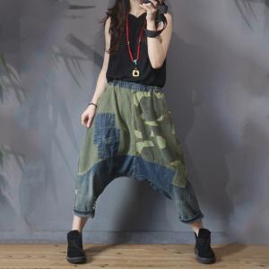 Green Contrast Casual Denim Harem Pants Fashion Thai Pants for Woman