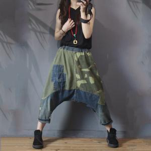 Green Contrast Casual Denim Harem Pants Fashion Thai Pants for Woman