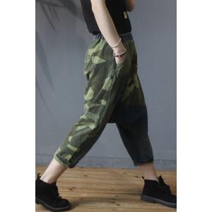 Green Contrast Casual Denim Harem Pants Fashion Thai Pants for Woman