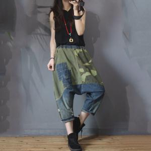 Green Contrast Casual Denim Harem Pants Fashion Thai Pants for Woman