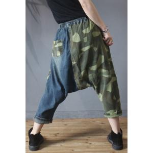 Green Contrast Casual Denim Harem Pants Fashion Thai Pants for Woman