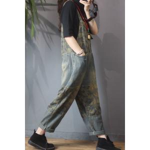 Tree Patterns Vintage Jean Overalls Loose Denim One Piece Pants