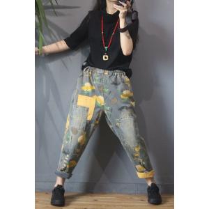 Korean Style Cartoon Jeans Baggy Patchwork Mom Jeans In 90s