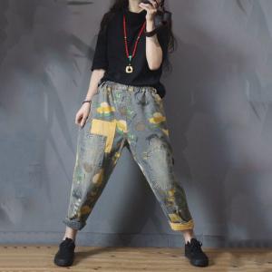 Korean Style Cartoon Jeans Baggy Patchwork Mom Jeans In 90s