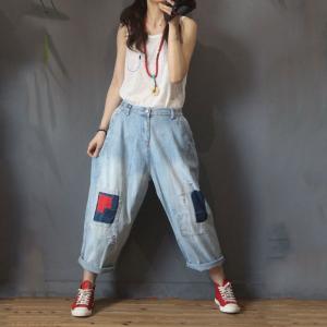 Street Style Red Patchwork Dad Jeans Empire Waist Baggy Jeans